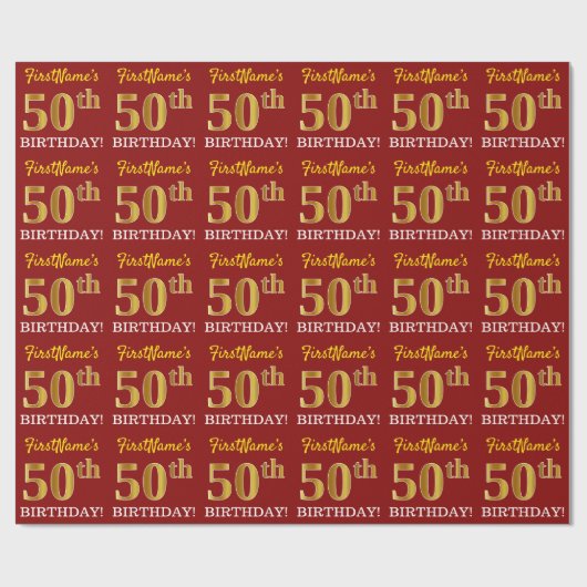 Red, Imitation Gold Look "50. GEBURTSTAG" Geschenkpapier (Flach)