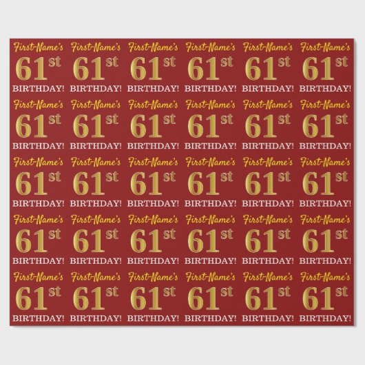 Red, Imitation Gold Look "61. GEBURTSTAG" Geschenkpapier (Flach)