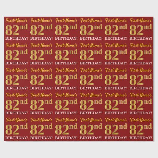 Red, Imitation Gold Look "82. BIRTHDAY" Geschenkpapier (Flach)