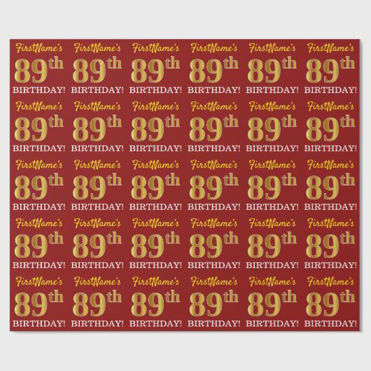 Red, Imitation Gold Look "89. GEBURTSTAG" Geschenkpapier (Flach)
