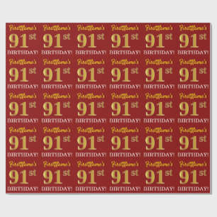Red, Imitation Gold Look "91. BIRTHDAY" Geschenkpapier