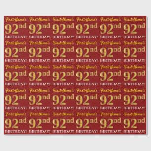 Red, Imitation Gold Look "92. BIRTHDAY" Geschenkpapier