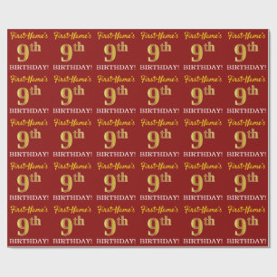 Red, Imitation Gold Look "9. BIRTHDAY" Geschenkpapier