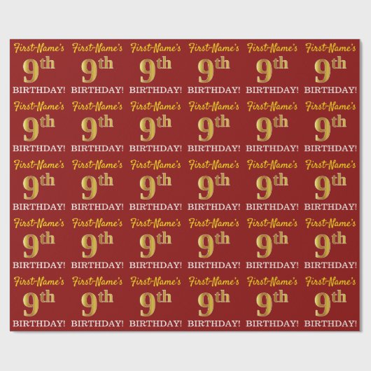 Red, Imitation Gold Look "9. BIRTHDAY" Geschenkpapier (Flach)