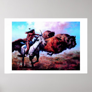 RED INDIAN HUNTING BUFFALO POSTER