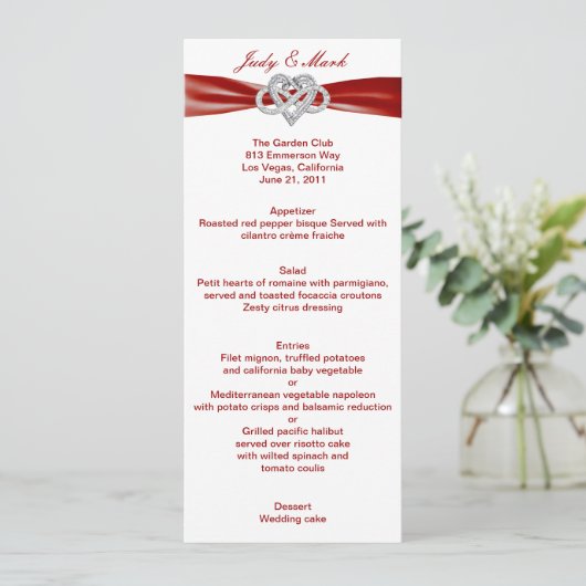 Red Infinity Heart Wedding Menu Card Menükarte (Stehend Vorderseite)