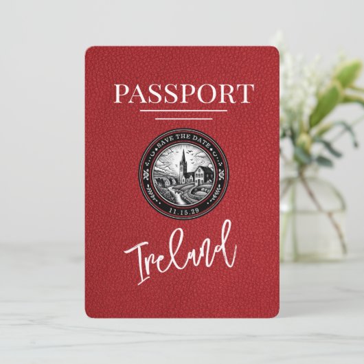 Red Ireland Passport Save the Date (Stehend Vorderseite)