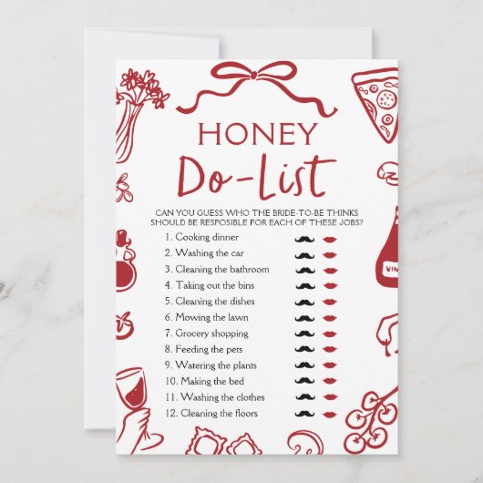 Red Italian Amore Honey Do List Brautparty Game Einladung (Vorderseite)