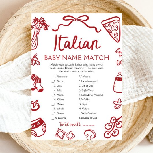 Red Italian Baby Name Match Baby Shower Game Einladung