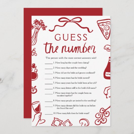 Red Italian Guess the Number Brautparty Game Einladung (Vorne/Hinten)