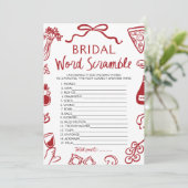 Red Italian Hand Drawing Bridal Word Scramble Game Einladung (Stehend Vorderseite)