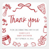 Red Italian Hand Drawn Pizza Baby Shower Thank you Quadratischer Aufkleber (Vorderseite)