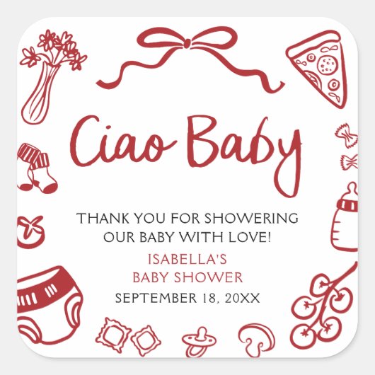 Red Italian Hand Drawn Pizza Ciao Baby Baby Shower Quadratischer Aufkleber (Vorderseite)