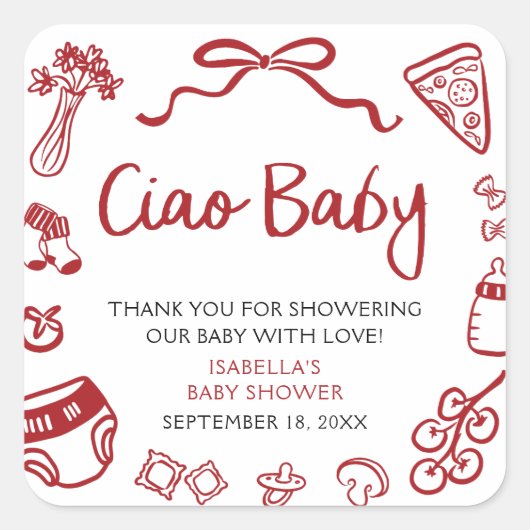 Red Italian Hand Drawn Pizza Ciao Baby Baby Shower Quadratischer Aufkleber (Vorderseite)