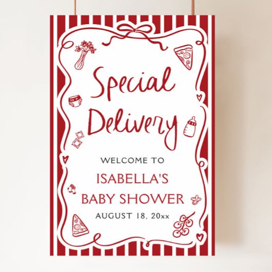 Red Italian Special Delivery Baby Dusche Willkomme Poster