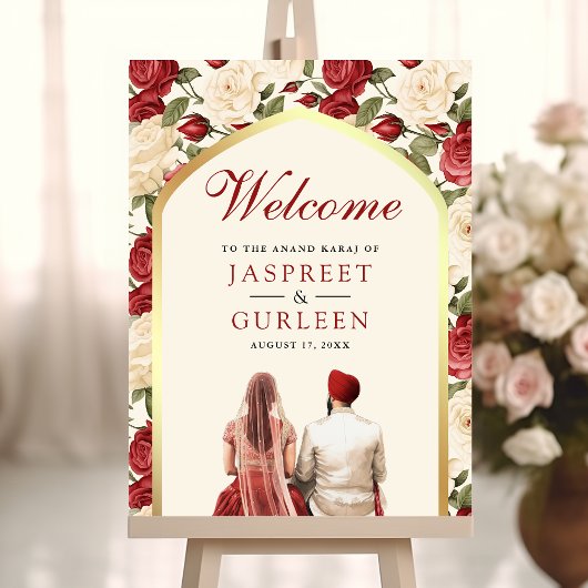 Red Ivory Floral Anand Karaj Wedding Welcome Sign Poster