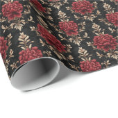 Red & Ivory Floral Damask auf schwarz Geschenkpapier (Rolleneckpunkt)