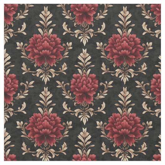 Red & Ivory Floral Damask auf schwarz Stoff (Nahaufnahme)