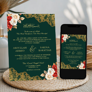 Red Ivory Floral Gold Lace Emerald Muslim Wedding Einladung