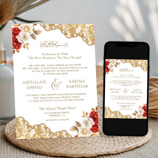 Red Ivory Floral Gold Lace QR Code Muslime Hochzei Einladung