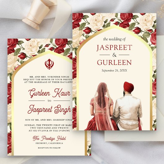 Red Ivory Floral Punjabi Anand Karaj Sikh Wedding Einladung