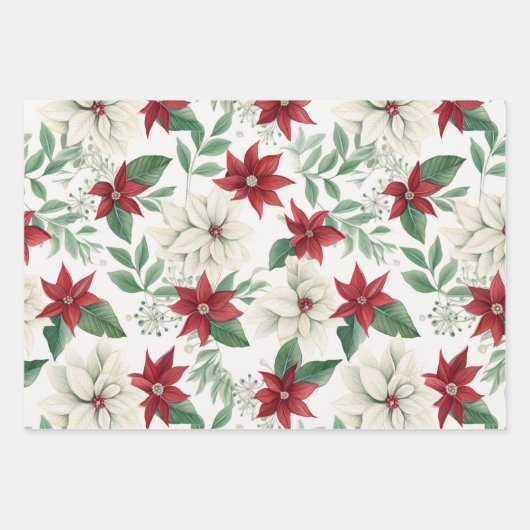 Red Ivory Poinsettia Flat Wrapping Paper Set 3 Geschenkpapier Set (Vorderseite 3)