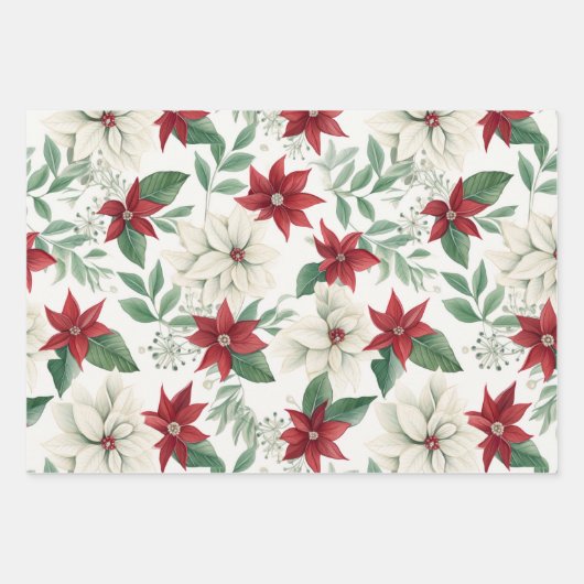 Red Ivory Poinsettia Flat Wrapping Paper Set 3 Geschenkpapier Set (Vorderseite 2)