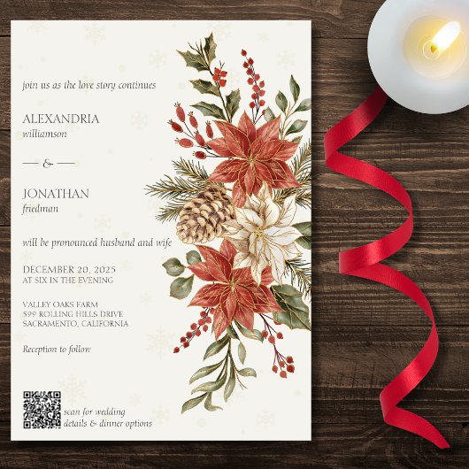 Red & Ivory Poinsettias zu Elfenbeinküste QR-Hochz Einladung