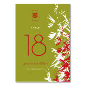 Red & Jade Bamboo Blätter Doppelglückliche Hochzei Tischnummer (Rückseite)