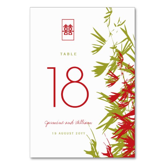 Red & Jade Green Bamboo Blätter Shuang Xi Wedding Tischnummer (Vorderseite)