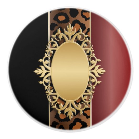 Red Jaguar Animal Print in Black and Garnet Keramikknauf (Vorderseite)