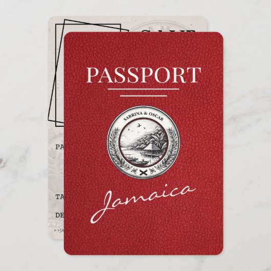 Red Jamaica Passport Save the Date (Vorne/Hinten)