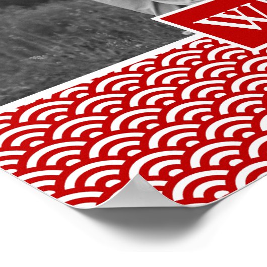 Red Japanese Pattern | Foto mit Monogramm Poster (Ecke)