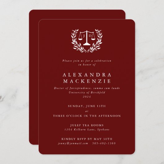 Red JD Law Scales Laurel Wreath Abschluss Invitat Einladung (Vorne/Hinten)