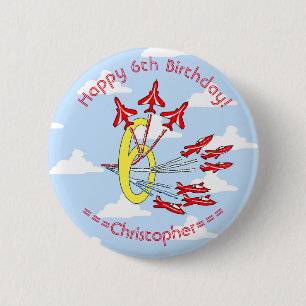 Red Jet Flugzeug 6th Birthday Blue Sky Button