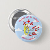 Red Jet Flugzeug 6th Birthday Blue Sky Button (Vorne & Hinten)