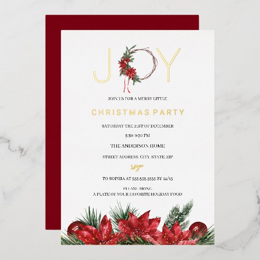 Red Joy Christmas Party Foliage Wreath Folieneinladung (Vorderseite/Rückseite)