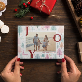 Red Joy Pastel Christmas Trees Foto Holiday Card Feiertagskarte