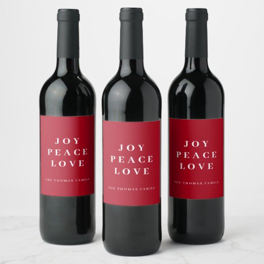 Red Joy Peace Liebe Minimaler Name der Weihnachtsf Weinetikett (Flaschen)