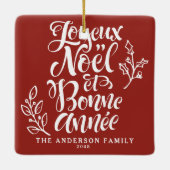 Red Joyeux Noël und Bonne Année Calligraphy Keramikornament (Rückseite)