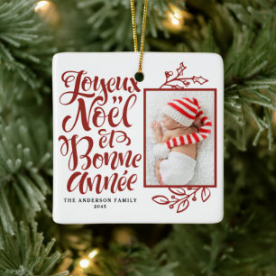Red Joyeux Noël und Bonne Année Foto Keramikornament
