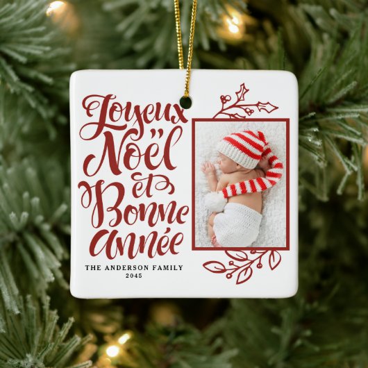 Red Joyeux Noël und Bonne Année Foto Keramikornament (Baum)
