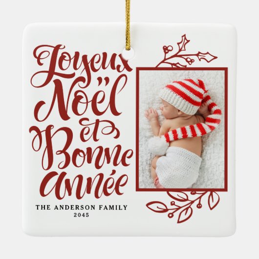 Red Joyeux Noël und Bonne Année Foto Keramikornament (Rückseite)