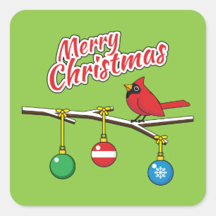 Red Kardinal auf Christmas Bare Branch - Merry Xma Quadratischer Aufkleber