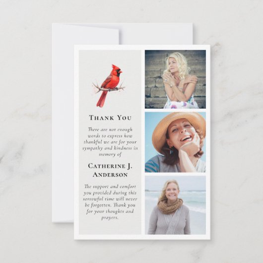 Red Kardinal Bird 3 Foto Beileid Beerdigung Dankeskarte (Vorderseite)