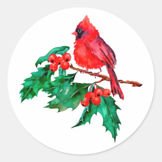 Red Kardinal Bird auf Holly Berry Branch Runder Aufkleber (Vorderseite)
