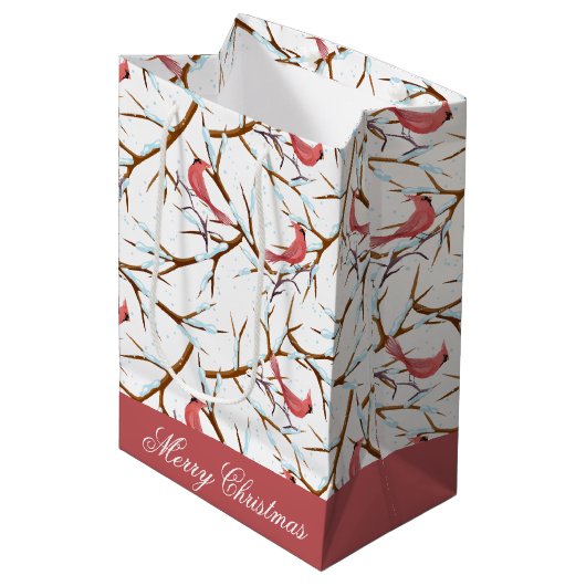 Red Kardinal Bird Pattern Frohe Weihnachtsgeschenk Mittlere Geschenktüte (Vorderseite Schrägansicht)
