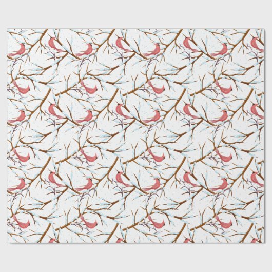 Red Kardinal Bird Snowy Tree Muster Weihnachten Geschenkpapier (Flach)