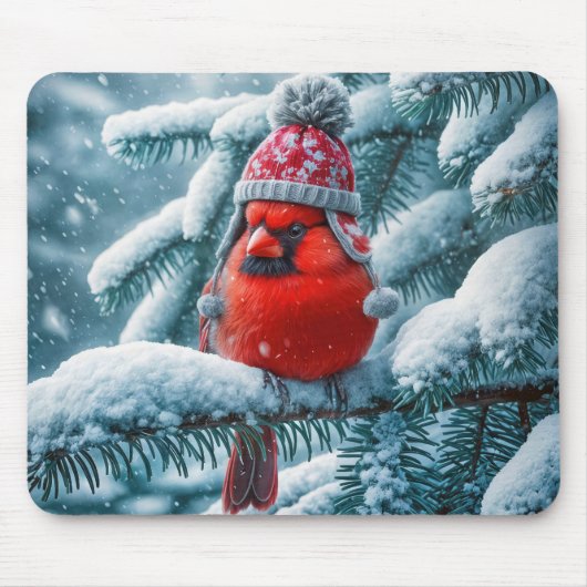 Red Kardinal Bird Wear Winter Hat Mousepad (Vorne)