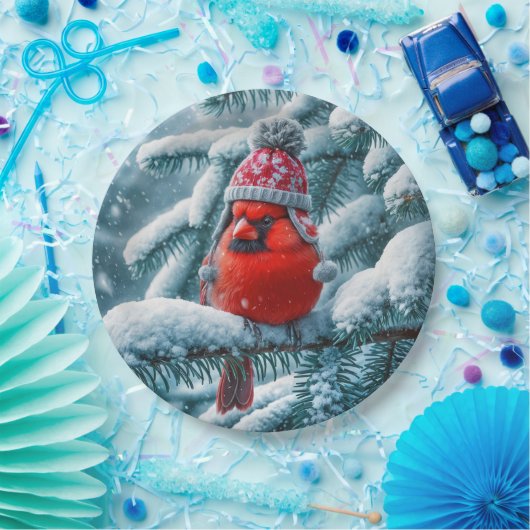 Red Kardinal Bird Wear Winter Hat Pappteller (Party)